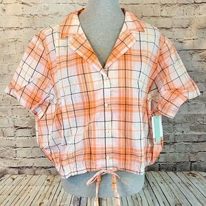 Abound Womens Coral Orange Plaid Button Down Shirt Cotton Crop Top Size 2X NWT